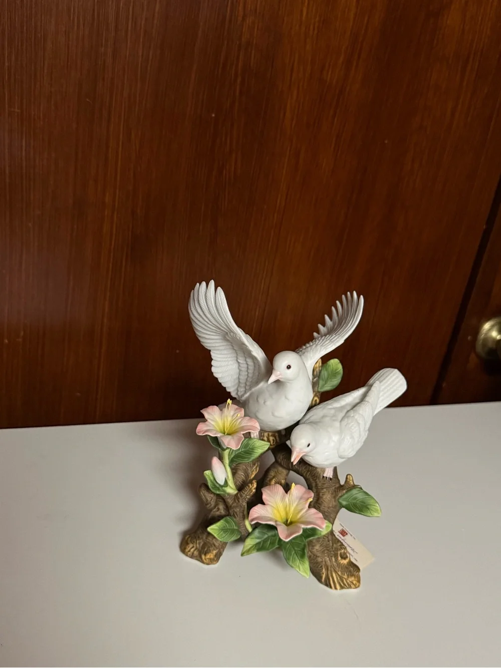 Home Interiors Vintage Porcelain White Dove Figurine with Pink Flowers